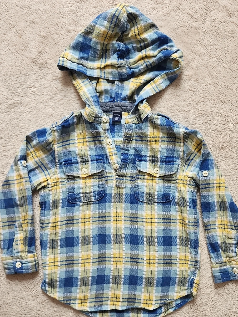 GAP Kids Blue & Yellow Plaid Hooded Flannel Shirt